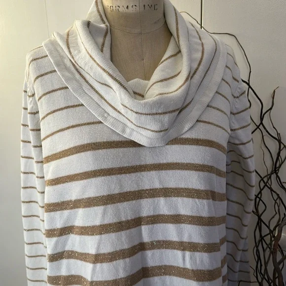 Jones New York long sleeve cowl neck sweater in cream with gold stripes - Picture 2 of 7